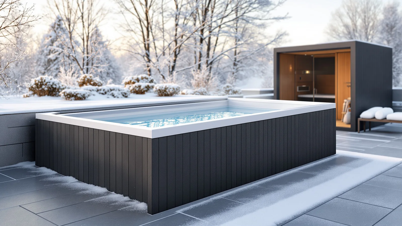 Cold plunge kada integrirana u privatni vanjski wellness prostor — KUBIQ Studio