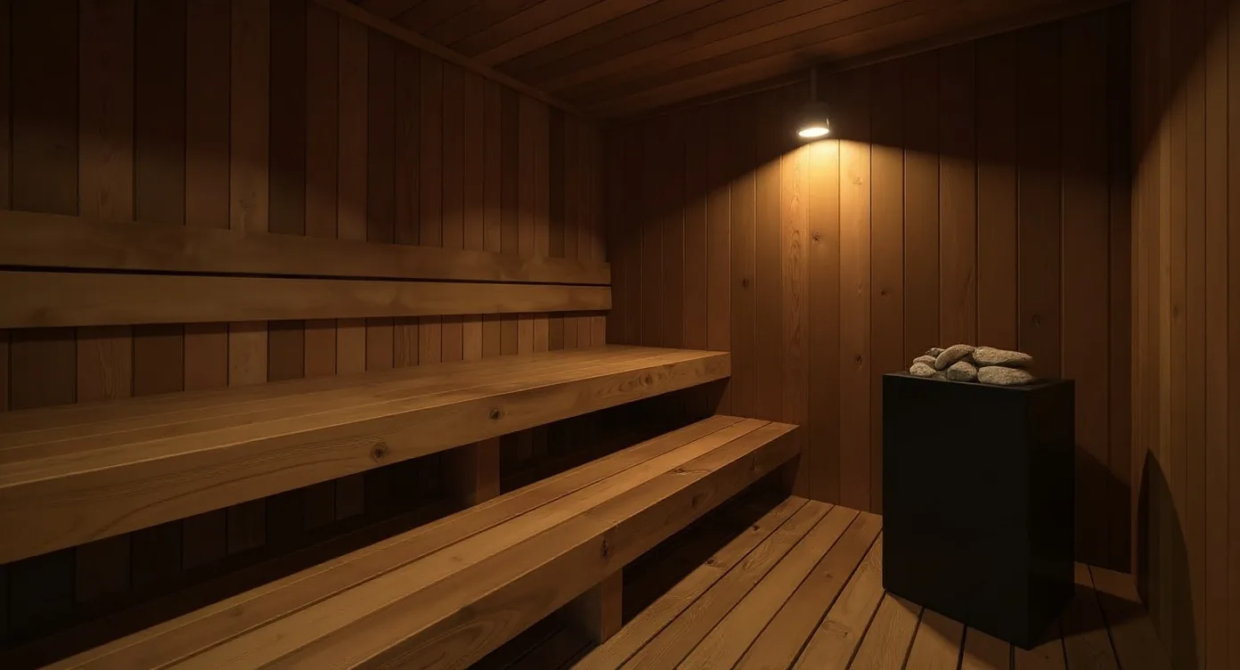 Warmer Innenraum einer finnischen Sauna mit Holzbänken, Handtuch und indirekter Beleuchtung