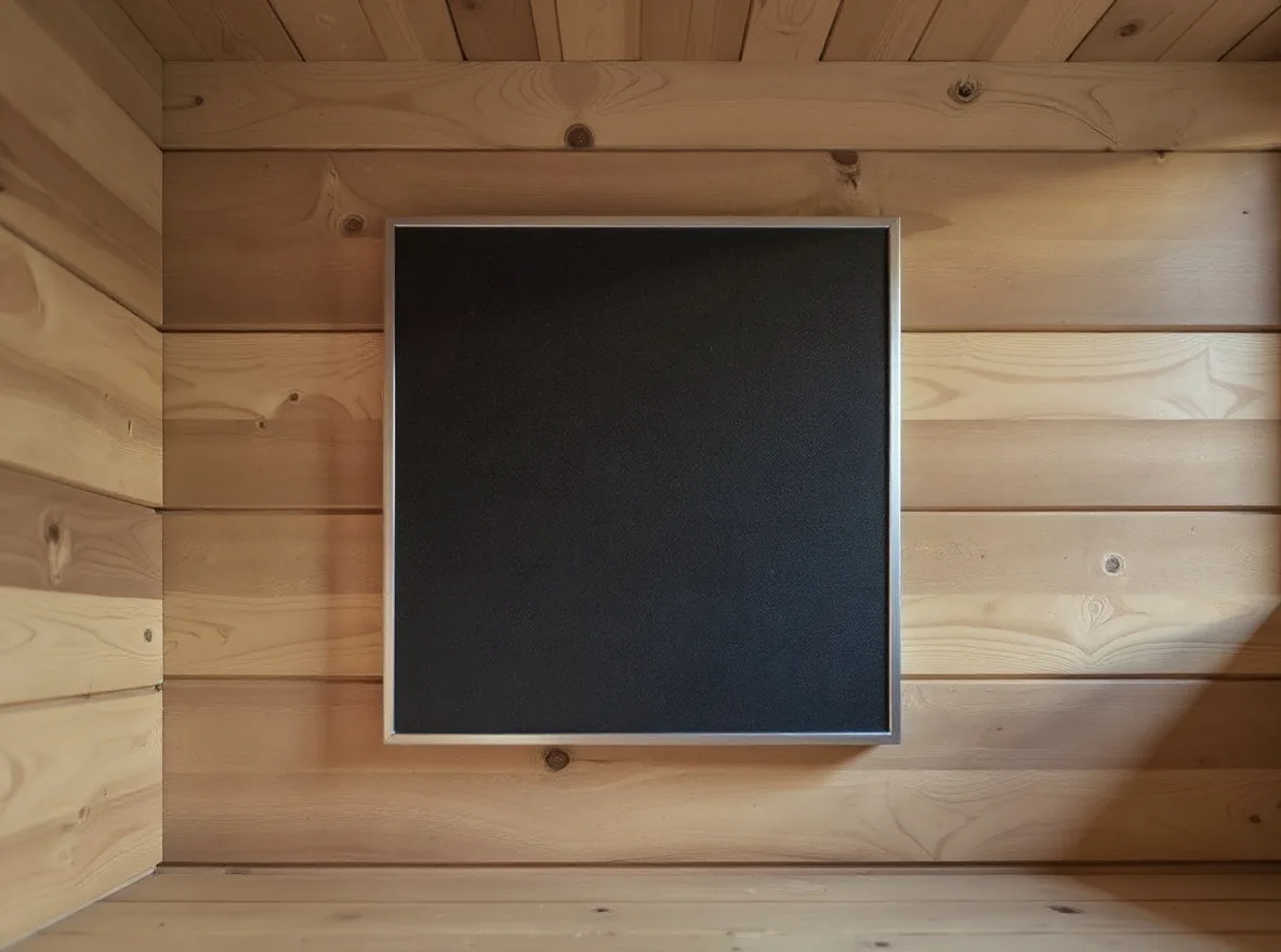 Detail of an infrared panel integrated into the wooden sauna cladding