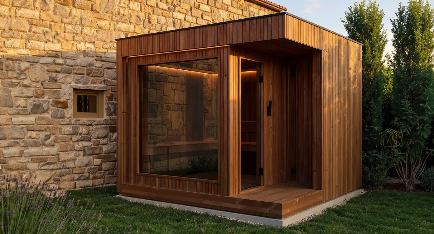 Lunawood thermo bor fasada na outdoor sauni uz nordijsko jezero — medeno-smeđa boja prirodnog termalno obrađenog wood