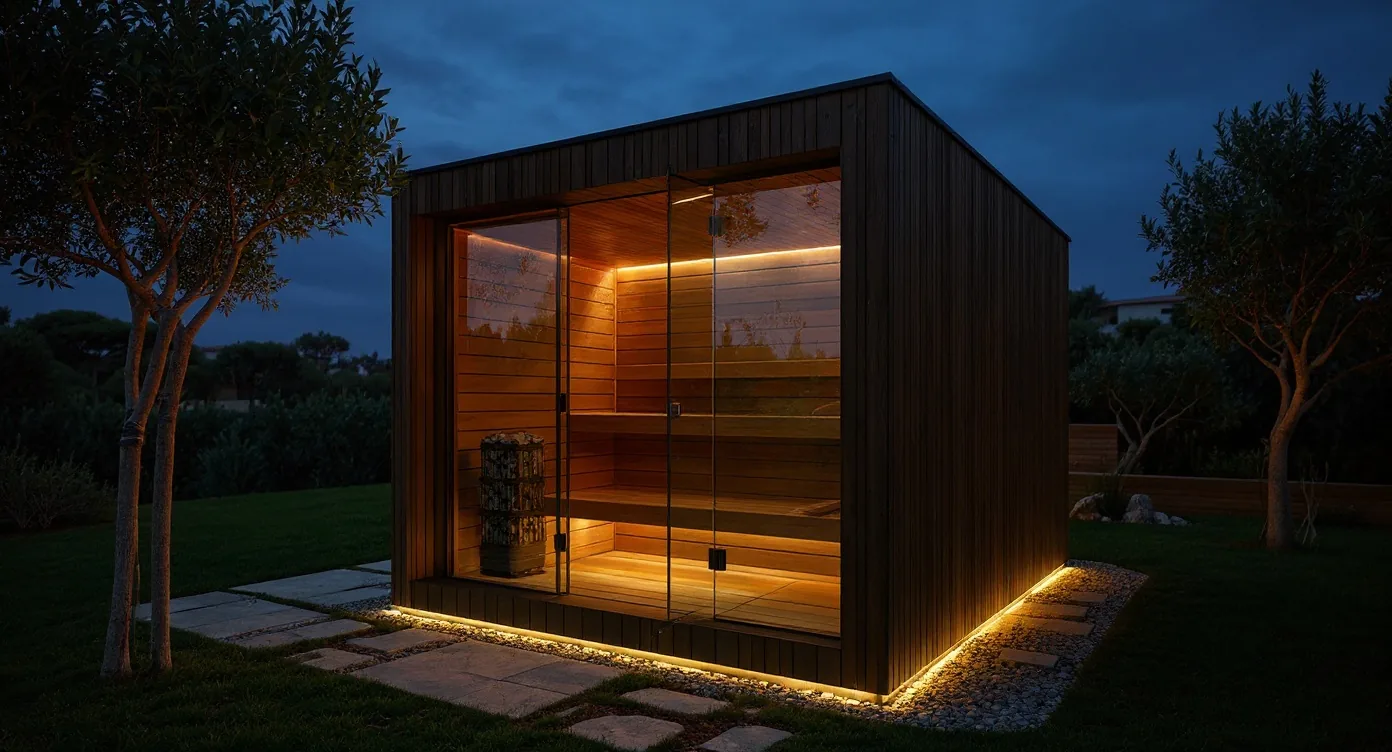 KUBIQ outdoor sauna u večernjem wellness ambijentu s toplom rasvjetom