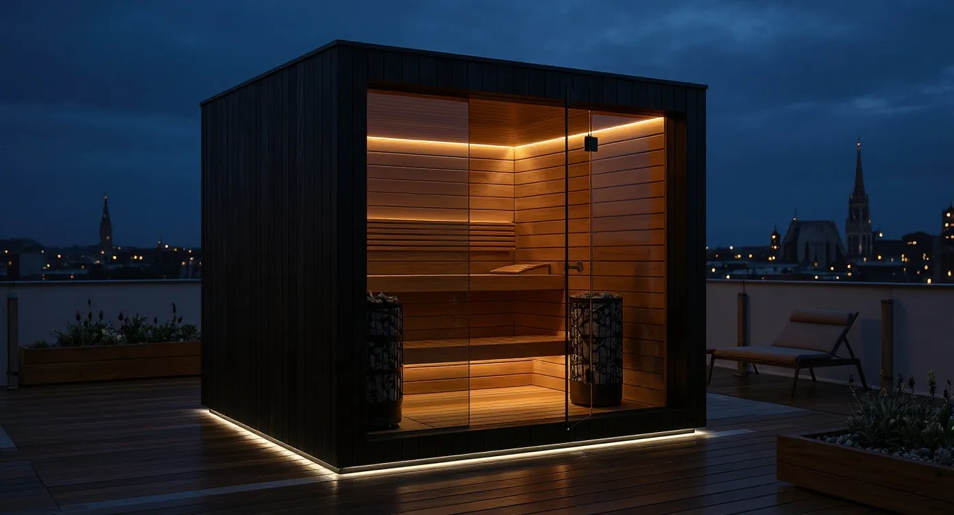 Outdoor savna s Shou Sugi Ban charred wood crnom fasadom u sumraku, okružena vegetacijom — KUBIQ Eclipse Charred Black estetika