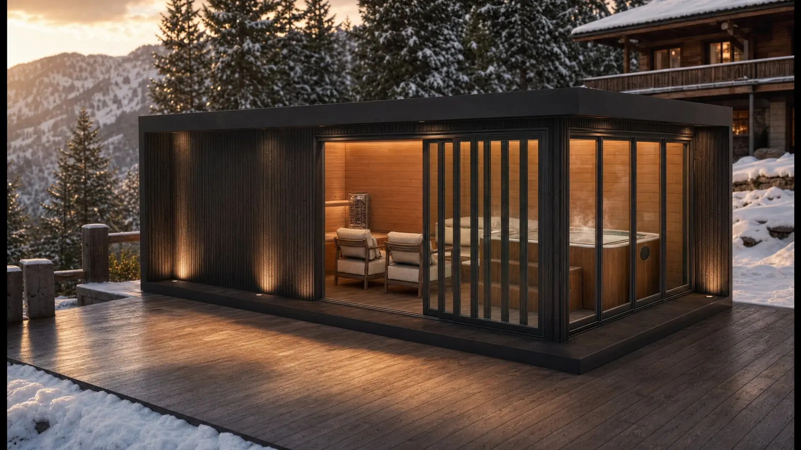 Dunkler Wellnesspavillon mit Sauna, Hot Tub und Loungebereich auf einer Holzterrasse in winterlicher Bergumgebung